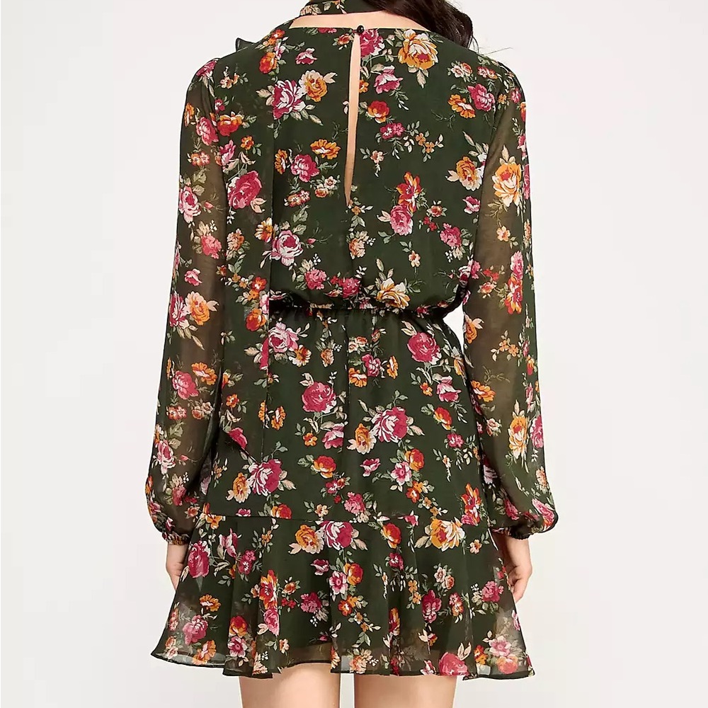 Trixxi green & pink floral dress, fit-and-flare, sheer sleeve, v neck, size XS/S - Picture 3 of 8